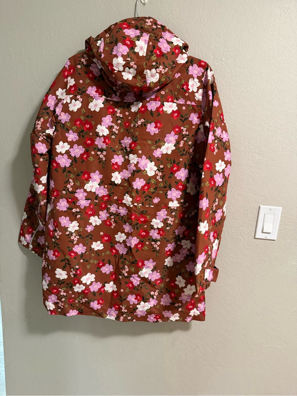 Lands’ End Floral Hooded Rain Jacket Brown Pink Waterproof Coat S/T - Picture 5 of 7